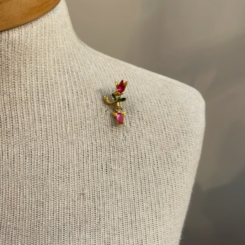 Vintage Tulip with a Dangling Angel Charm Gold-tone with Pink Rhinestones